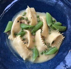 Agnolotti with snap pea and ricotta at BAIA in San Francisco