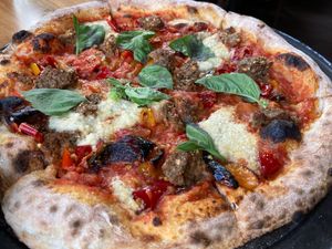 Spicy sausage & peppers pizza at BAIA in San Francisco