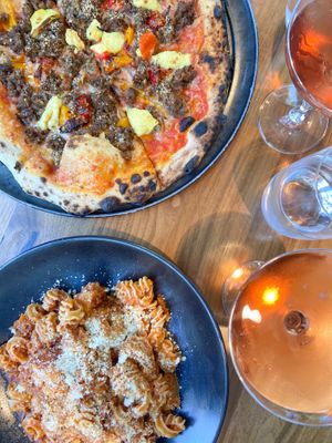 Spicy sausage pizza and Radiatori pasta  at BAIA in San Francisco