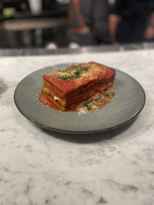 Lasagna with Impossible bolognese, macadamia ricotta, alfredo, & pomodoro. One of the best things I’ve ever eaten.  at BAIA in San Francisco
