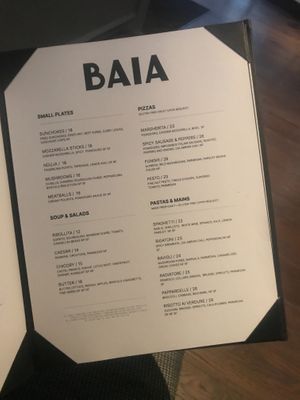 Baia food menu at BAIA in San Francisco