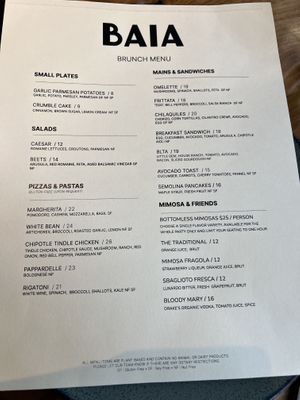 Brunch menu   at BAIA in San Francisco