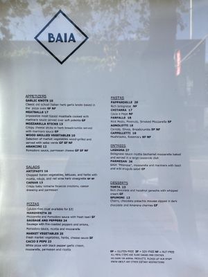Food menu 2020-09-26 at BAIA in San Francisco