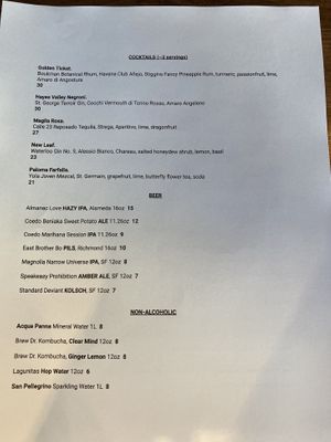 Drink menu 2020-09-26 at BAIA in San Francisco