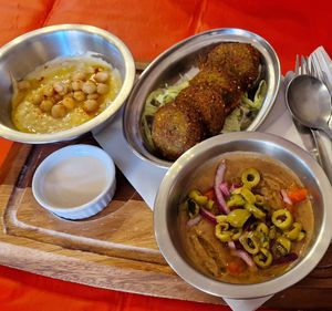 Hummus, falafel, foul madamas at Time Out Cafe in Glasgow