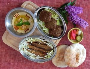 Falafel and Aubergine platter. at Time Out Cafe in Glasgow