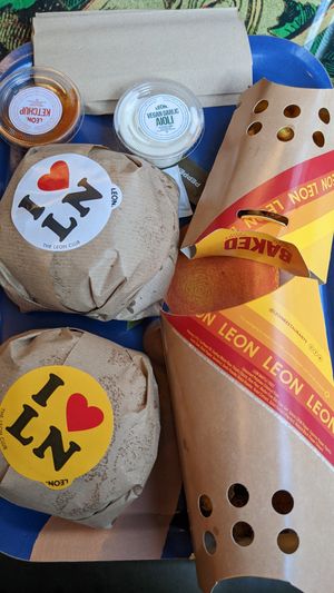 2 burgers,  fries, mac and cheese balls at LEON - Millenium Walkway in Dublin