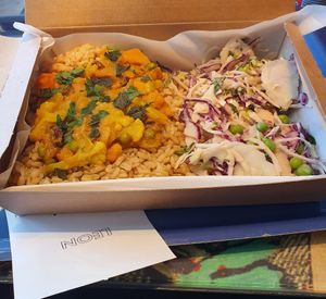 Vegan goji curry rice box at LEON - Millenium Walkway in Dublin