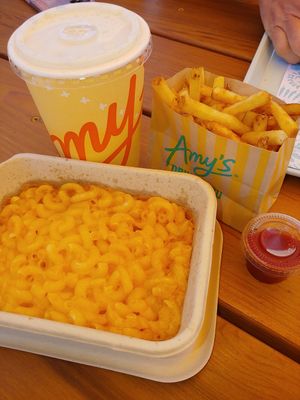 vegan mac and cheese, vegan orange milkshake, & fries at Amy's Drive Thru  in Corte Madera