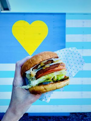 The Amy: double veg patties, double vegan cheese, grilled onions, lettuce, tomato, pickle, special sauce 💛 #Veganuary at Amy's Drive Thru  in Corte Madera