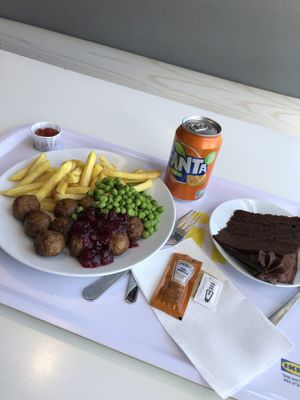 plant meatballs with chips and peas and a vegan chocolate and raspberry cake  at IKEA in Loanhead