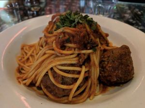 Emmy’s Spaghetti w/ Vegan Balls made from tempeh and veggies at Emmy's Spaghetti Shack in San Francisco