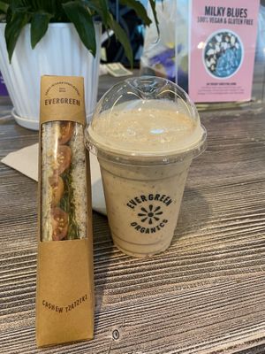 Cashew tzatziki sandwich and salted caramel smoothie  at DOH - Evergreen Organics in Doha