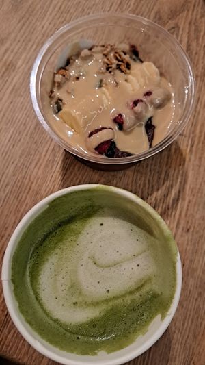 Matcha latte, amazonian smoothie bowl at DOH - Evergreen Organics in Doha