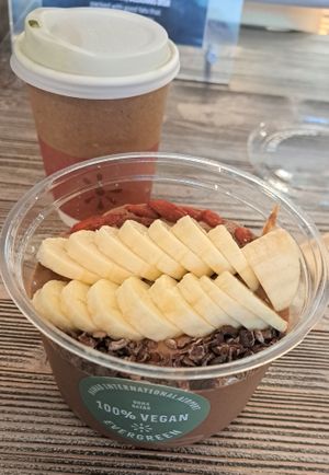 Choco smoothie bowl and matcha latte at DOH - Evergreen Organics in Doha