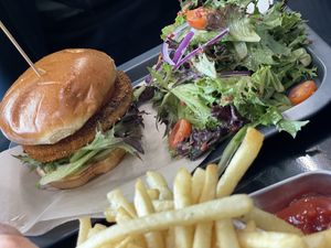 Cajun burger and saladd  at Down 2 Earth Plant Based Cuisine in Las Vegas
