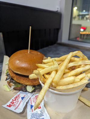 Cajun chicken sandwich and fries at Down 2 Earth Plant Based Cuisine in Las Vegas