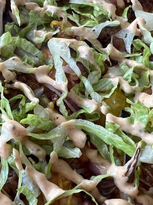 Cheeseburger pizzaa  at Down 2 Earth Plant Based Cuisine in Las Vegas