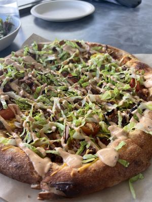 Cheeseburger pizzaa  at Down 2 Earth Plant Based Cuisine in Las Vegas