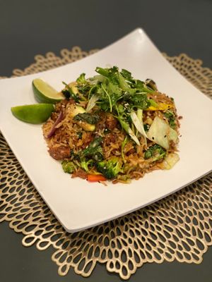 BeyondnBasil Fried Rice - beyond meat, garlic basmati rice, stir fry vegetables, basil, secret sauce  at Down 2 Earth Plant Based Cuisine in Las Vegas