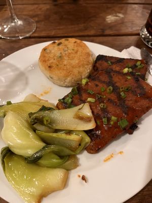 The special spicy tempeh with bok choi and jasmine rice cake  at Sprig and Vine in New Hope