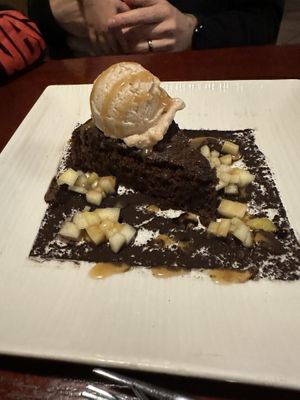 Chocolate stout cake with cinnamon ice cream and butterscotch sauce  at Sprig and Vine in New Hope