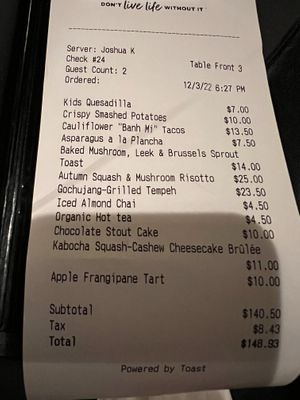 Big Celebration Meal Receipt for 2 People (2023) at Sprig and Vine in New Hope