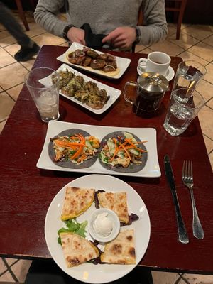 Kids Quesadilla (only thing that is not good, don't order!), "Banh Mi" Tacos, Baked Mushroom, Leek & Brussels Sprout Toast, Crispy Smashed Potatoes (2023) at Sprig and Vine in New Hope