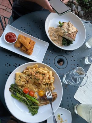 Fennel Seed-Seared Tofu, Crispy Tempeh Fingers, Cauliflower-Cashew Mac (2023), top to bottom at Sprig and Vine in New Hope