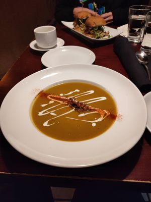 Roasted Autumn Squash & Sweet Potato Bisque:
chipotle-roasted pecan, coconut milk, smoked paprika at Sprig and Vine in New Hope