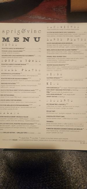 Current menu as of 1/4/25 at Sprig and Vine in New Hope