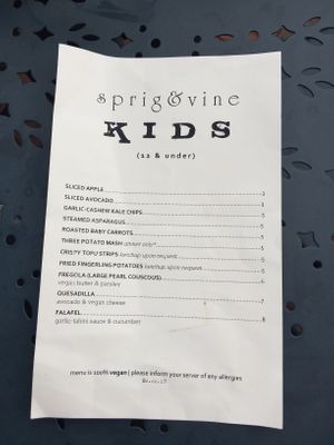 A menu my kid can actually pick food from!! at Sprig and Vine in New Hope
