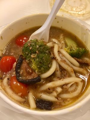 Their special udon.. Cherry tomatoes, broccoli, shitake mushrooms.. at Tracy Juice Culture - Fortune Centre in Central Singapore