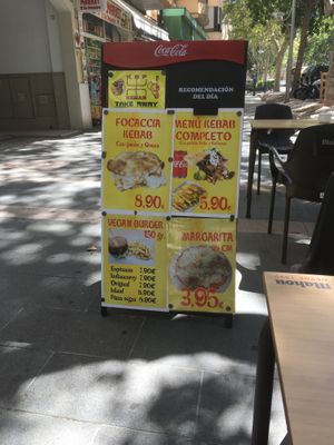 vegan menu standing outside :) at KSF Kebab in Mallorca