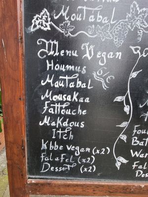 Menu vegan - street sign at East @ West in Brussels