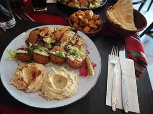 Falafel lunch plate and batata harra at East @ West in Brussels