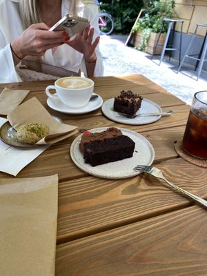 pistachio cookie / brownies / courgette cake with sweet potato cream at Etapa in Prague