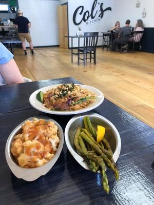 Pad Thai, asparagus, and sweet garlic cauliflower wings  at Col's Kitchen in Concord