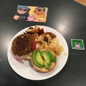 Burger and sides, plated at home at Col's Kitchen in Concord
