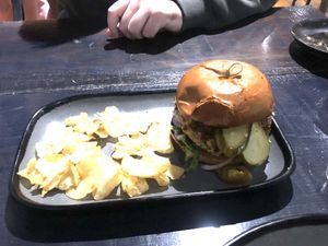 Falafel burger with added jalapeños   at Col's Kitchen in Concord