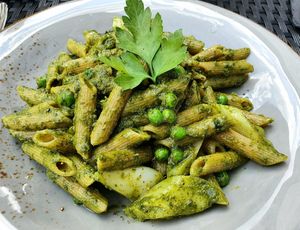 Penne with asparagus, peas and pesto at Café BellaBarista in Dusseldorf