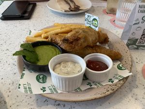 Vegan fish and chips at Nature's Charm in Bangkok