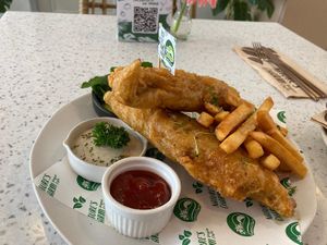 Banana blossom fish and chips  at Nature's Charm in Bangkok