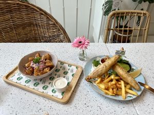 “Fish & chips” and nuggets & slaw  at Nature's Charm in Bangkok