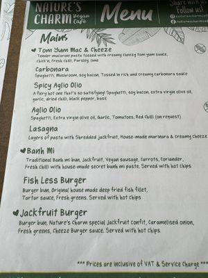 Some of the mains on the menu   at Nature's Charm in Bangkok