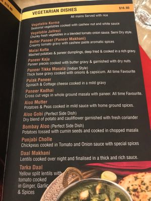 Vegeterian menu, 5 options can be veganised at The Spice Rack Indian Kitchen in Auckland