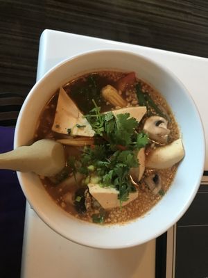 Vegan Noodle bowl: Sweet and sour broth / tofu & veggies / added peanut / wide rice noodles at Pom's Thai Taste Restaurant and Noodle House in Portland