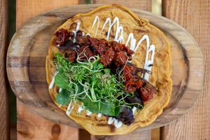 GF sandwich alternative: Chickpea pancake with the harissa chickpea filling at Earth Arts & Culture Cafe in Brighton
