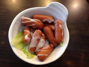 cheesy cocktail sausage  at North South East West Fusion Vegetarian Restaurant 东南西北素食融合餐馆 in Central Singapore