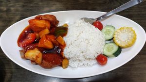 Sweet & Sour Pork Rib Rice  #Veganuary at North South East West Fusion Vegetarian Restaurant 东南西北素食融合餐馆 in Central Singapore
